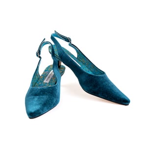 teal blue velvet kitten heel shoes