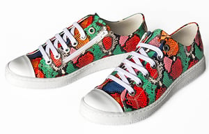 red and green snakeskin pattern sneakers