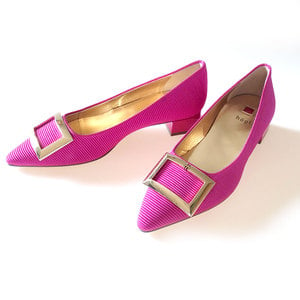 pink taffeta shoes with gold buckle and block heel